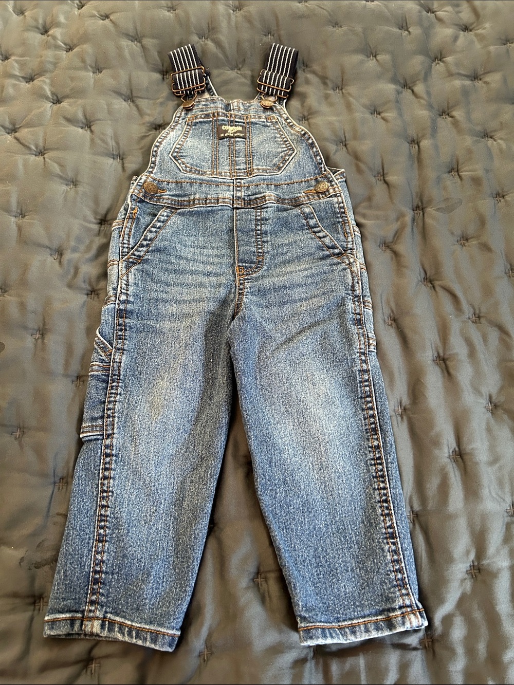 OshKosh B'gosh Blue Denim Overalls with Striped Navy Straps